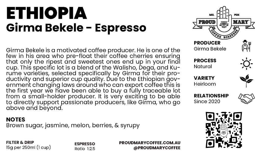 Ethiopia | Girma Bekele  | Heirloom | Natural | Espresso | 250g
