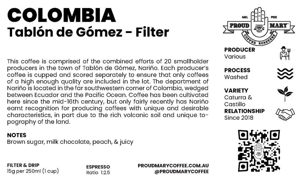 Colombia | Tablón de Gómez | Caturra & Castillo | Washed | Filter | 250g