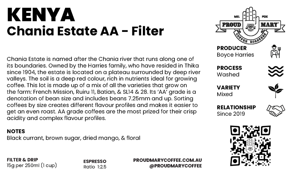 Kenya | Chania Estate AA  | Mixed | Washed | Filter | 250g